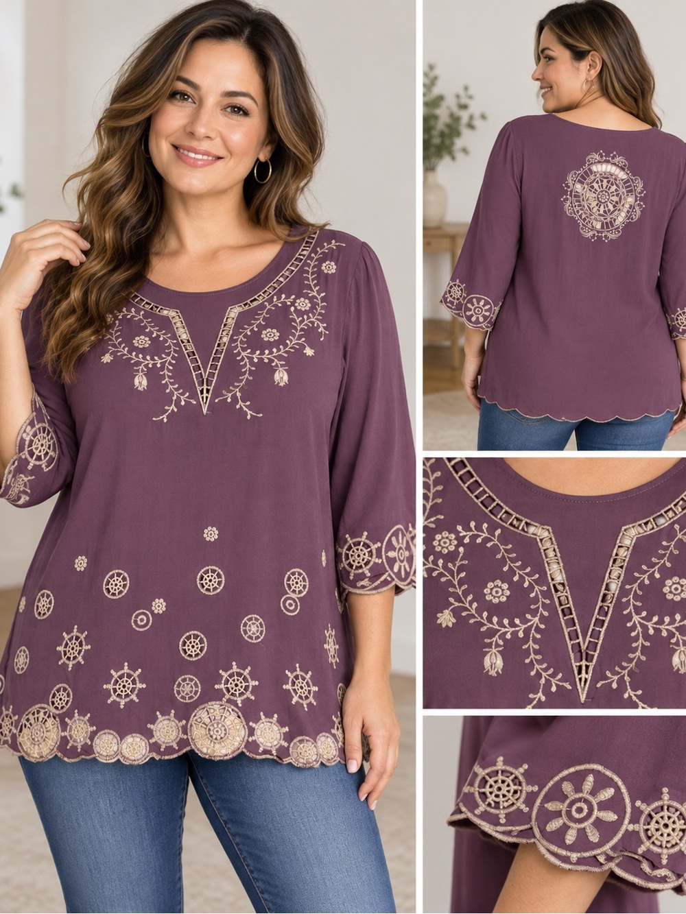 Embroidered Boho Tunic Blouse, Scoop Neck 3/4 Sleeve Top - Plum, Large